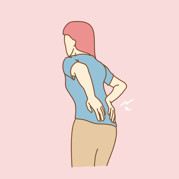 illustrazioni stock, clip art, cartoni animati e icone di tendenza di giovane affetto da mal di schiena, illustrazione vettoriale. - backache pain physical injury sport