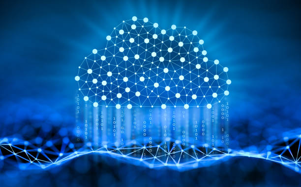 digital data cloud with binary rain, futuristic cloud with blockchain technology - cloud computer equipment technology pixelated imagens e fotografias de stock