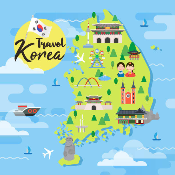 ilustraciones, imágenes clip art, dibujos animados e iconos de stock de corea del sur ilustración vectorial mapa de viaje, atracciones en diseño plano. - beach sea zen like nature