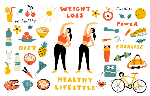 Weight loss, healthy lifestyle, cute doodle set with lettering. Cartoon fat and thin girl performing exercise. Funny woman before and after diet. Hand drawn vector flat illustration.