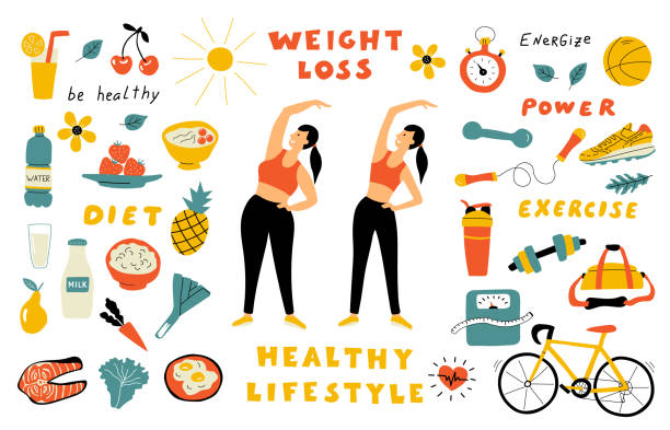 Weight loss, healthy food, cute doodle set with lettering. Cartoon woman before and after diet. Hand drawn vector flat illustration. Weight loss, healthy lifestyle, cute doodle set with lettering. Cartoon fat and thin girl performing exercise. Funny woman before and after diet. Hand drawn vector flat illustration. before and after weight loss stock illustrations