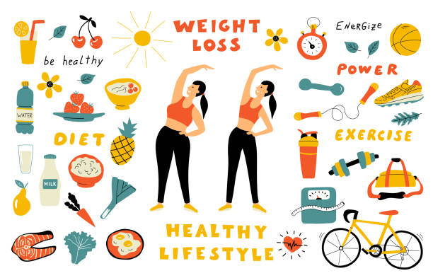 Weight loss, healthy food, cute doodle set with lettering. Cartoon woman before and after diet. Hand drawn vector flat illustration. Weight loss, healthy lifestyle, cute doodle set with lettering. Cartoon fat and thin girl performing exercise. Funny woman before and after diet. Hand drawn vector flat illustration. lifestyle illustrations stock illustrations