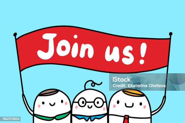 Join Us Hand Drawn Vector Illustration In Cartoon Style Holding Sign