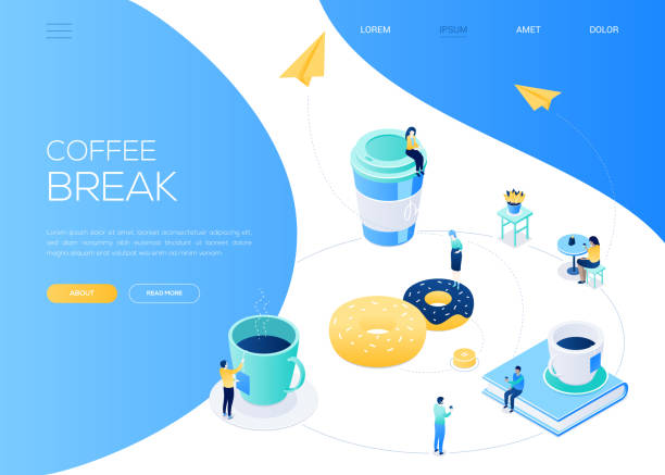 Coffee break - modern isometric vector web banner Coffee break - modern isometric vector web banner with copy space for text. A website header with business people, male, female workers, big cups, donuts, book, paper planes. Office life concept giant cup of coffee stock illustrations