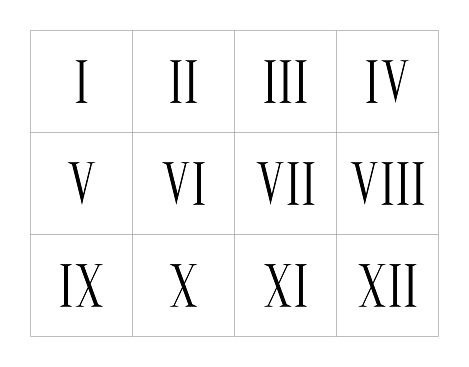 Set of roman numerals isolated on white background. Vector numbers concept. Design element for clock face, banners, posters