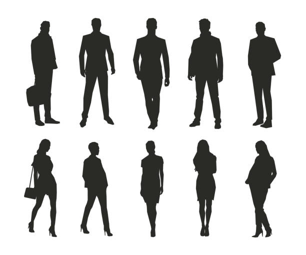 ilustraciones, imágenes clip art, dibujos animados e iconos de stock de hombres y mujeres de negocios, grupo de empresarios aislados vectores siluetas - businesswoman skirt isolated standing