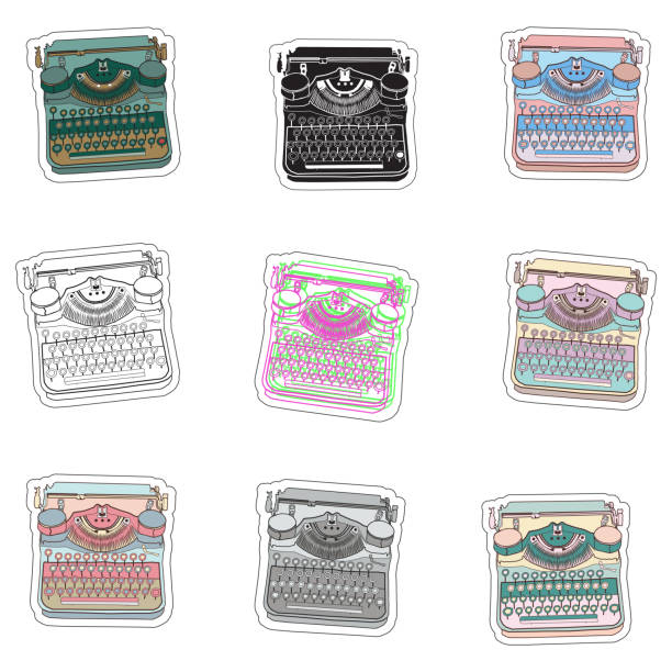 istock Set of stickers and badges with hand drawn typewriters 1162181732