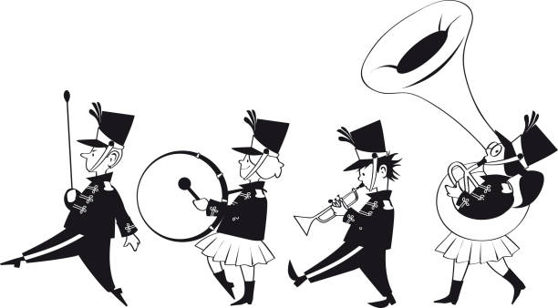 Marching band clip art Four cute kids in marching band, EPS 8 black vector line art, no white objects pics of a marching band stock illustrations
