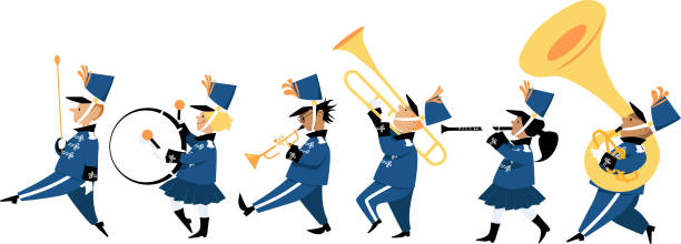 Children marching band Cute children playing instruments in a marching band parade, EPS 8 vector illustration parade stock illustrations