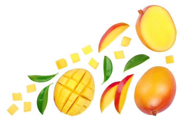 istock Mango fruit and half with slices isolated on white background with copy space for your text. Top view. Flat lay 1162183471