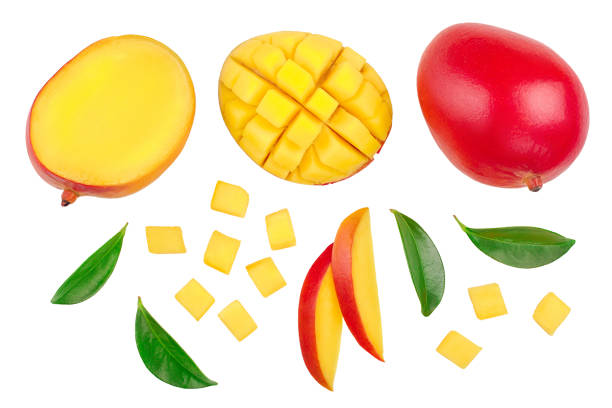 istock Mango fruit half with slices isolated on white background. Set or collection. Top view. Flat lay 1162183480