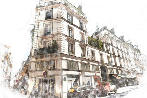 Sketch of a Parisian street on a regular day
