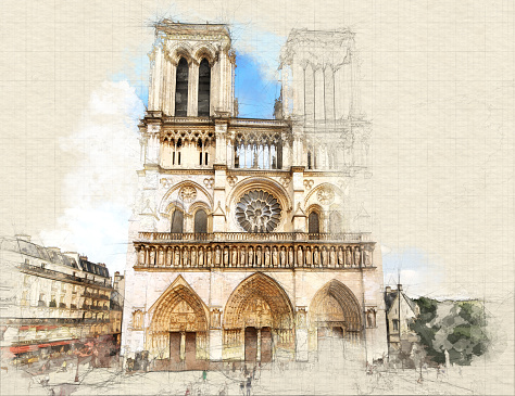 Sketch of main facade of Notre Dame de Paris