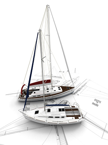 3D rendering of a sailboat on top of sailboat plans