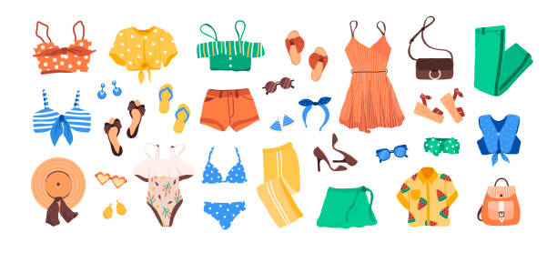 Set of outfit creator with summer fashion womens clothing, shoes, accessories Set of outfit creator with summer fashion womens clothing, shoes, accessories earrings hat bags glasses. Collection of wardrobe dress top shorts pants swimsuit. Vector illustration cartoon flat style bathing suit stock illustrations