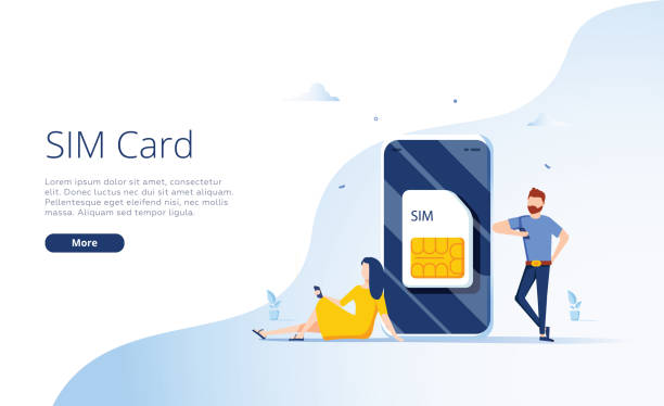 SIM card concept in vector illustration. Mobile network with esim microchip technology. Web banner. SIM card concept in vector illustration. Mobile network with esim microchip technology. Web banner layout template. Modern telecom, people using mobile internet and phone. Webdesign ui, ux template sims at stock illustrations