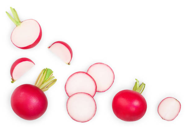 istock fresh whole and sliced radishes isolated on white background with copy space for your text. Top view 1162187716