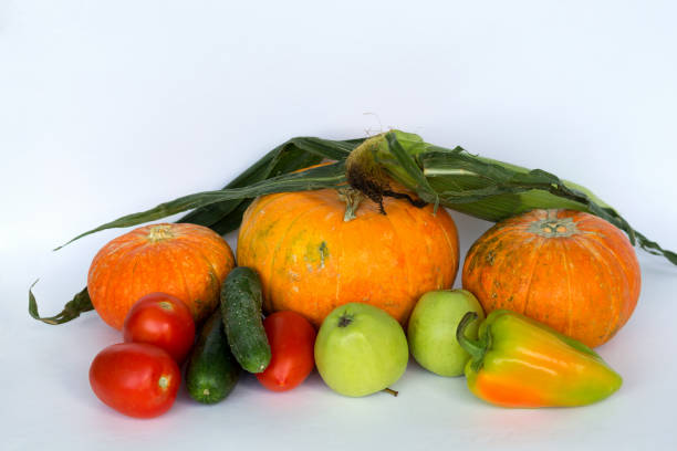 fresh fruits and vegetables isolated on white background