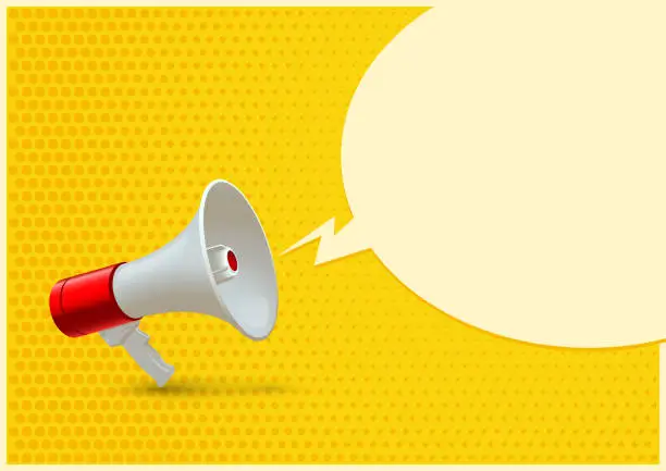 Vector illustration of Red and white realistic megaphone and blank speech bubble isolated on yellow pop art background. Vector 3d bullhorn illustration.