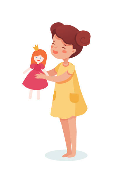 Little girl with toy flat vector illustration Little girl with toy flat vector illustration. Cheerful cute child in dress cartoon character. Smiling kid holding princess doll with crown. Happy childhood, toddler with birthday present, happiness doll stock illustrations