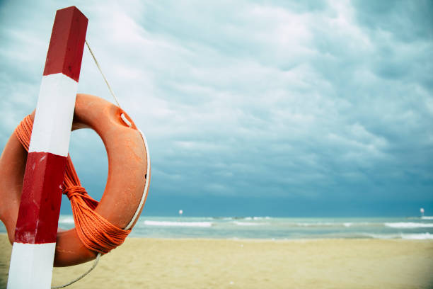 Red life belt on a boat in Black Sea, Bulgaria, Europe.