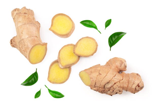istock fresh Ginger root and slice isolated on white background with copy space for your text. Top view. Flat lay 1162193062