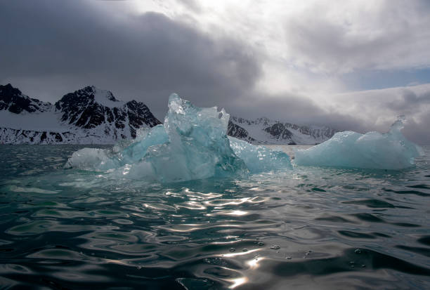 an iceberg from sea level with mountains at magdalenefjord - svalbard - view into land imagens e fotografias de stock