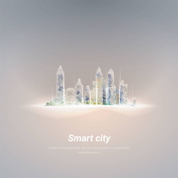 sylwetka smart city emirates. w stylu niski poli szkielet izolowane na nagim tle. wielokątna przestrzeń niska poli z połączonymi kropkami i linią - city building stock illustrations