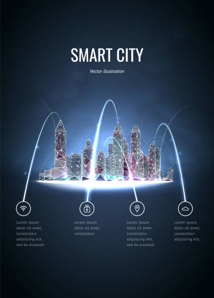 inteligentne miasto. sieciowe systemy bezprzewodowe i internet rzeczy z nowoczesną panoramą miasta. niska siatka szkieletowa poli. odizolowany na ciemnoniebieskim tle. cząstki są połączone w geometrycznej sylwetce - skyscraper construction built structure single object stock illustrations