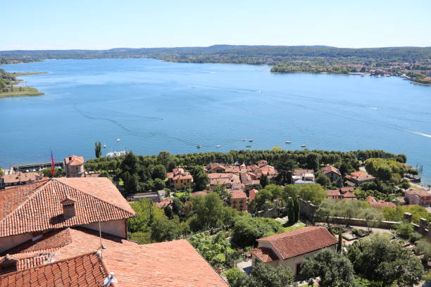 view to angera at lake maggiore, italy - angera imagens e fotografias de stock