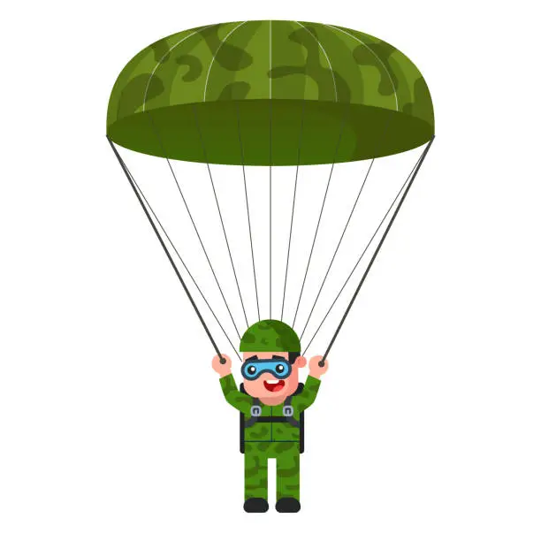 Vector illustration of skydiver in khaki military uniform. parachute