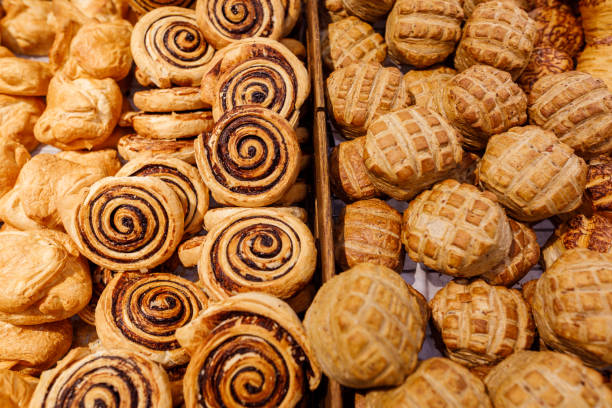 Mixed bread rolls buns coil with cocoa - Scandinavian Christmas cakes