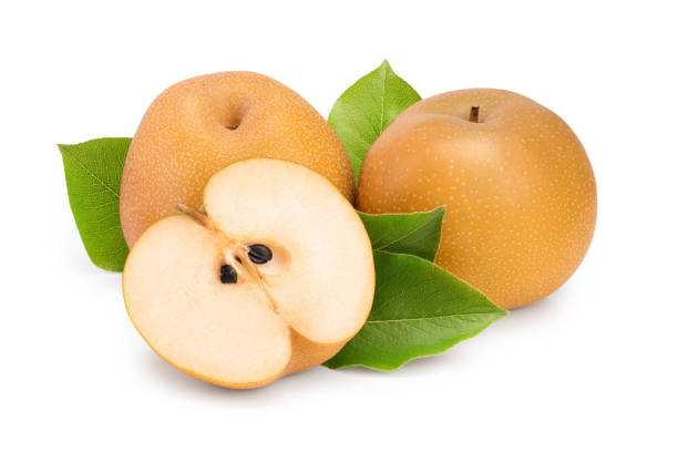 istock Fresh asian pear with leaf isolated on white background 1162198347