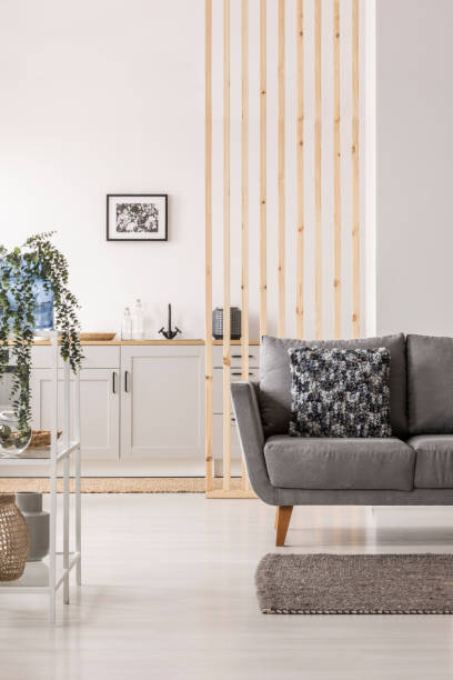 istock Open plan living room and kitchen interior with white cupboards and grey sofa with pillows 1162198512
