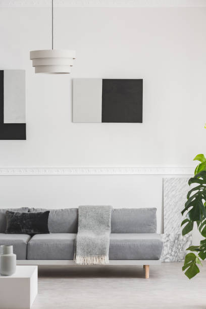 istock Black and grey paintings on white wall behind comfortable grey couch in elegant living room 1162200244
