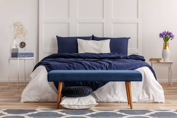 istock Navy blue bedroom interior in scandinavian apartment 1162202550