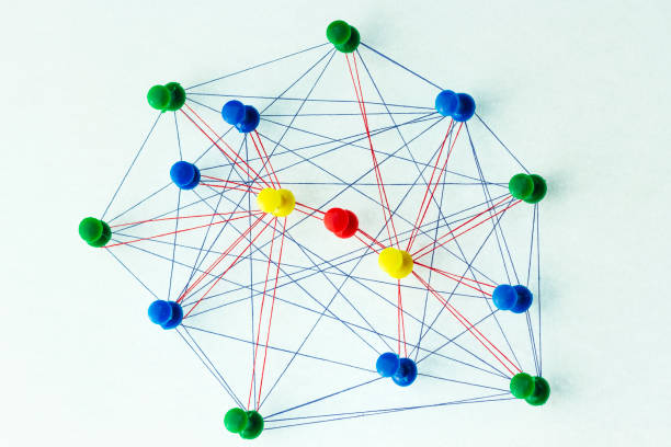 istock The colored needles are interconnected by a thread, the concept of interaction with each other, and each of them is separately connected with needles of a different color, which are separately connected with another special needle. 1162202560