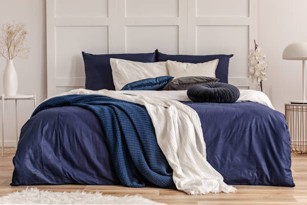 istock Velvet round pillow on king size bed with blue and white sheets 1162202583