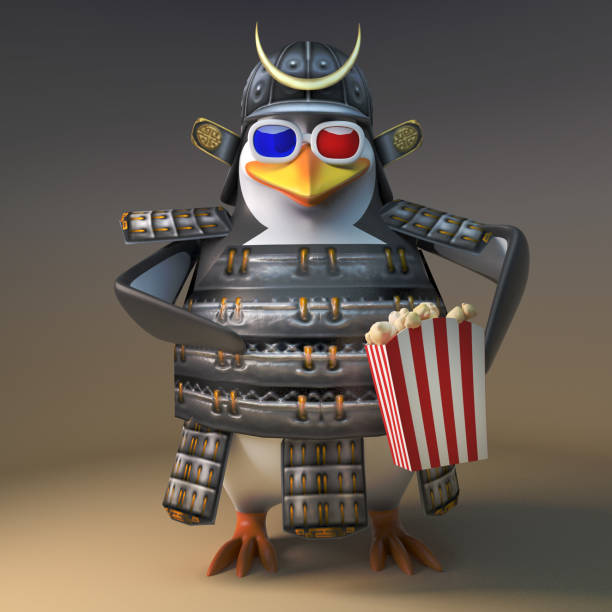 istock Heroic Japanese samurai penguin warrior eats popcorn while watching a 3d movie, 3d illustration 1162203083
