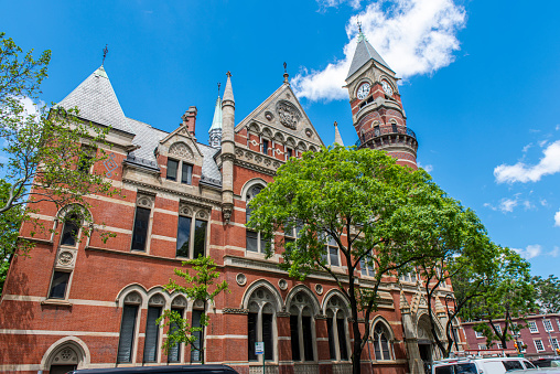 Front view of the Jefferson Market Library in Greenwich Village, Manhattan, New York City, USA.