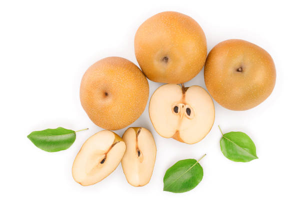 istock Fresh asian pear with leaves isolated on white background. Top view. Flat lay. 1162205939