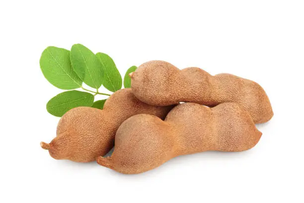 Tamarind fruit with leaf isolated on white background.