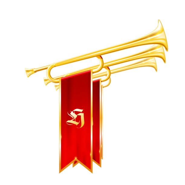 ilustrações de stock, clip art, desenhos animados e ícones de vintage trumpets or bugles with flags - fanfare of triumph, symbol of glory - bugle trumpet brass old fashioned