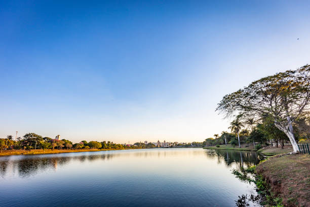 sao jose do rio preto city. panoramablick auf den seepark bei sonnenuntergang - coutryside stock-fotos und bilder