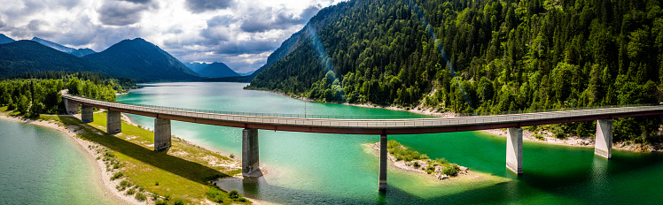 Sylvenstein Lake Bridge. Beautiful Lake in the Bavarian Alps. Aerial