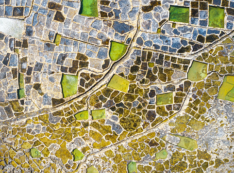 Aerial view of Salt pans on Gozo island. Malta country