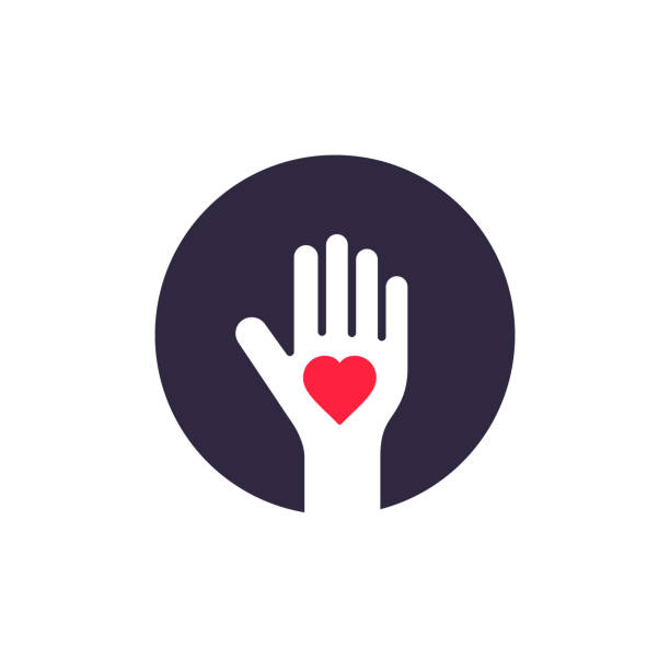 ilustraciones, imágenes clip art, dibujos animados e iconos de stock de human palm heart inside logo design, vector donate symbol illustration - volunteer