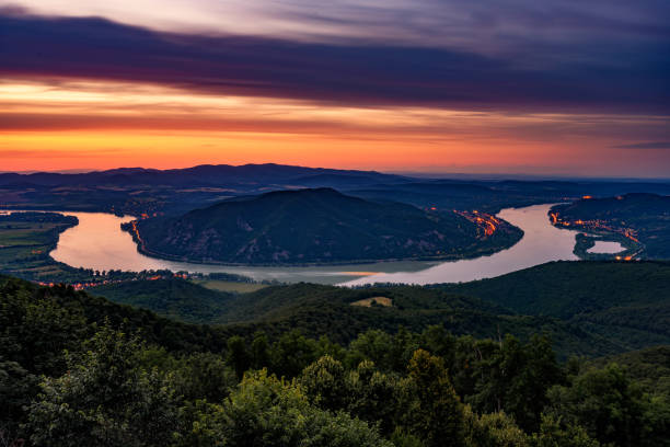 Sunset image of the beautiful Danube river curve, Pest county, Hungary stock photo