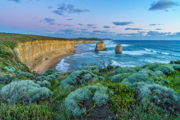 sunset at gibson steps, great ocean road at port campbell, australia 49 sunset at gibson steps, twelve apostles marine national park at great ocean road at port campbell, victoria, australia antarctic ocean photos stock pictures, royalty-free photos & images
