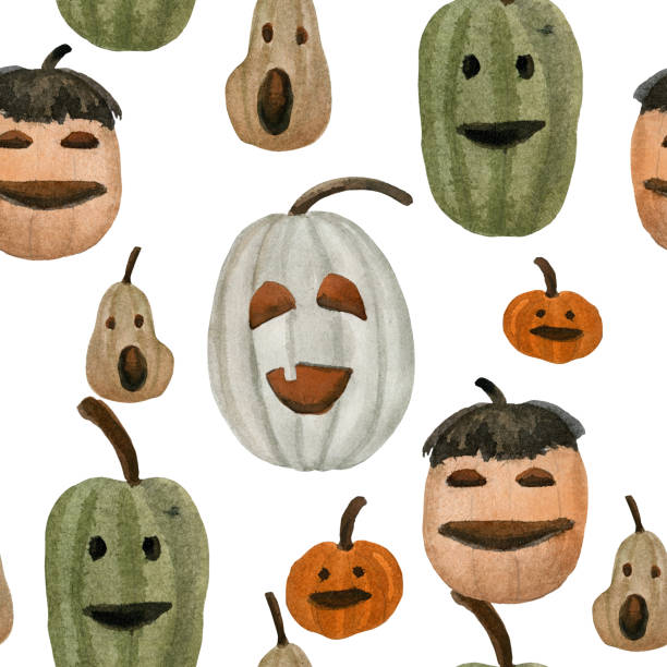 акварель бесшовные картины на тему хэллоуина - jack fruit stock illustrations